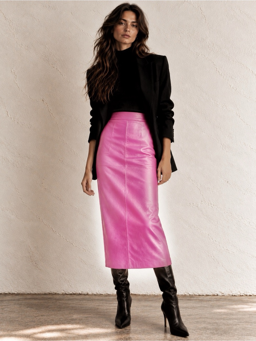 Vintage Pink Leather Pencil Skirt | Long Midi Maxi Neto